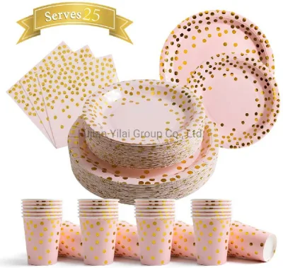 Conjuntos de guardanapos de papel descartável - Artigos de festa, rosa com bolinhas douradas 25 pratos de jantar 25 pratos de sobremesa 25 guardanapos